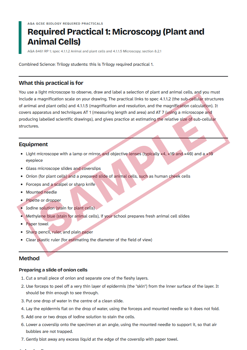 Sample: an inside page of AQA GCSE Biology Required Practicals