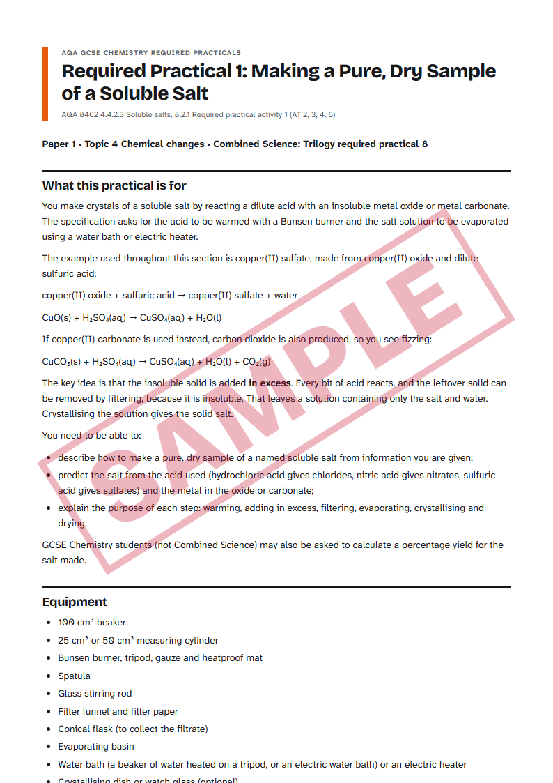 Sample: an inside page of AQA GCSE Chemistry Required Practicals