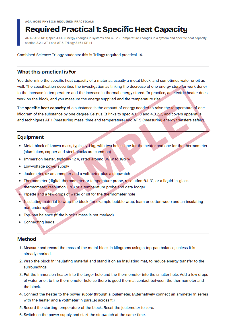 Sample: an inside page of AQA GCSE Physics Required Practicals