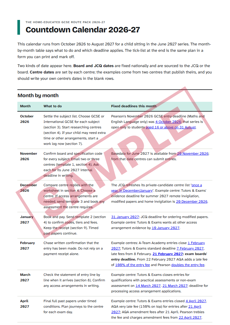 Sample: an inside page of The Home-Educated GCSE Route Pack 2026-27